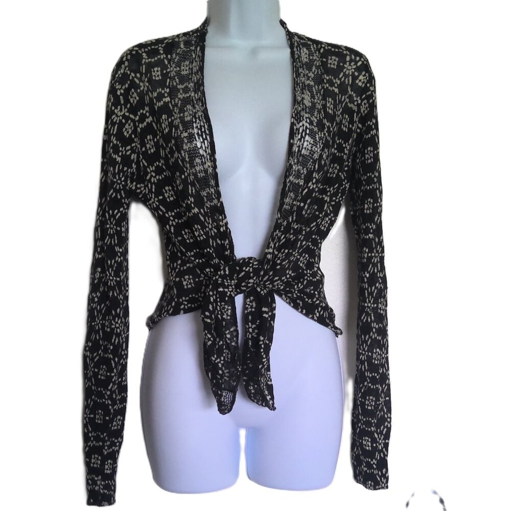 Lucky Brand Cardigan Sweater Open Front Lacy Light Weight Black & Cream EUC  S